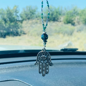 HAMSA NAMESTE HAND (Blu-Grn-Crys- Sil) Car Charm, Car Accessories Rear View Mirror Decoration, Pretty Car Decor, New Car Gift, Car Accessory
