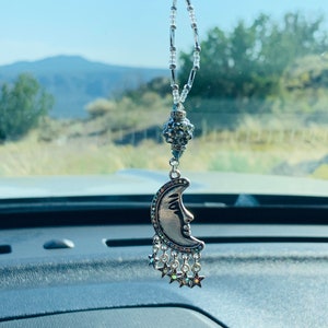 SMILING MOON with Dangling Stars, Car Accessories Rear View Mirror Car Charm, Car Charms, Car Charmz, Moon Car Charmz