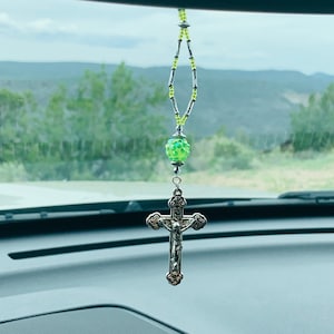 CRUCIFIX CROSS (Green-Crystal) Car Accessories Rear View Mirror Car Charm