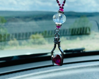 Gema de corazón de cristal en una botella (rosa cristal) Accesorios para coche Dije para espejo retrovisor