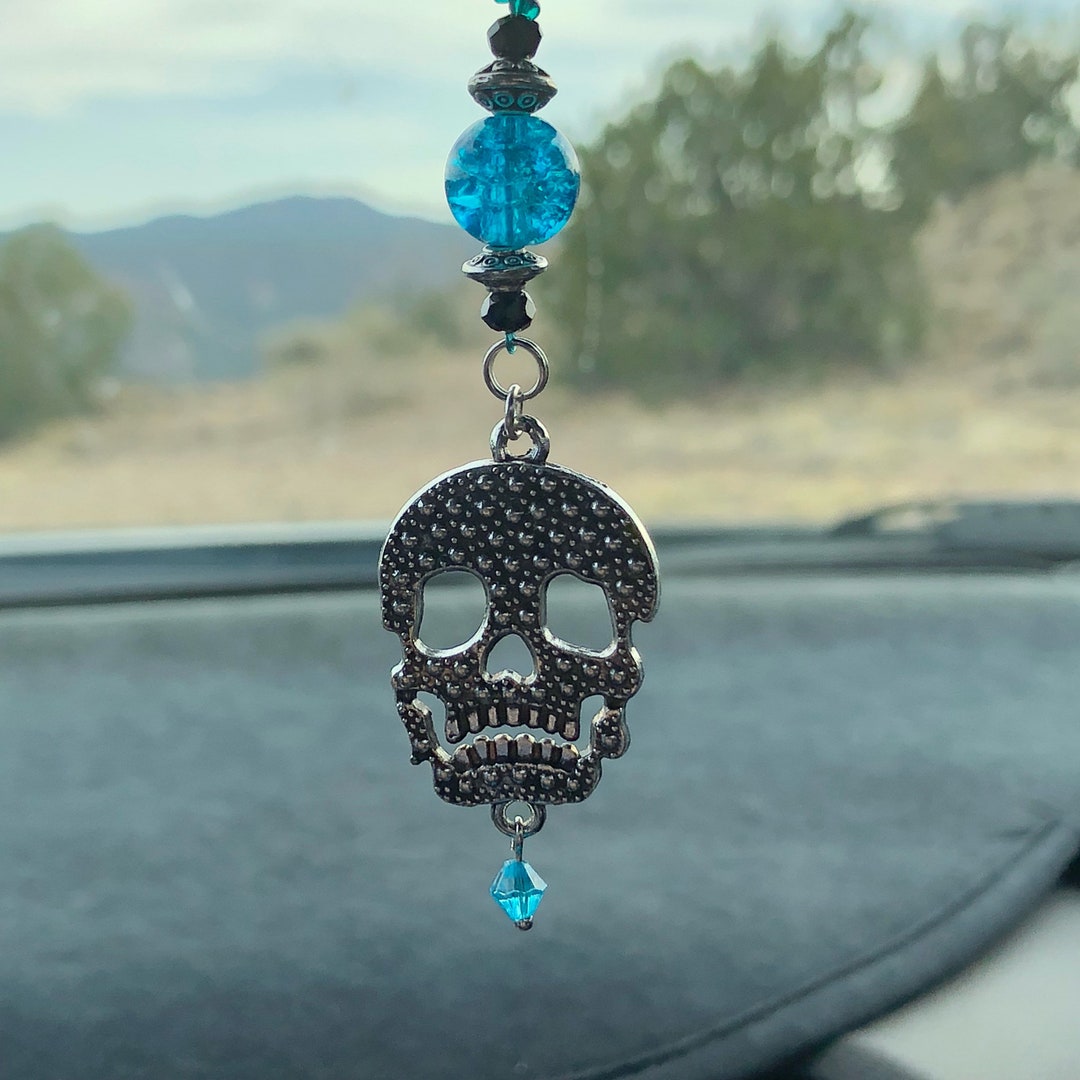 SKULL (silver W/turquoise Blue Swarovski Dangle) Car Accessories