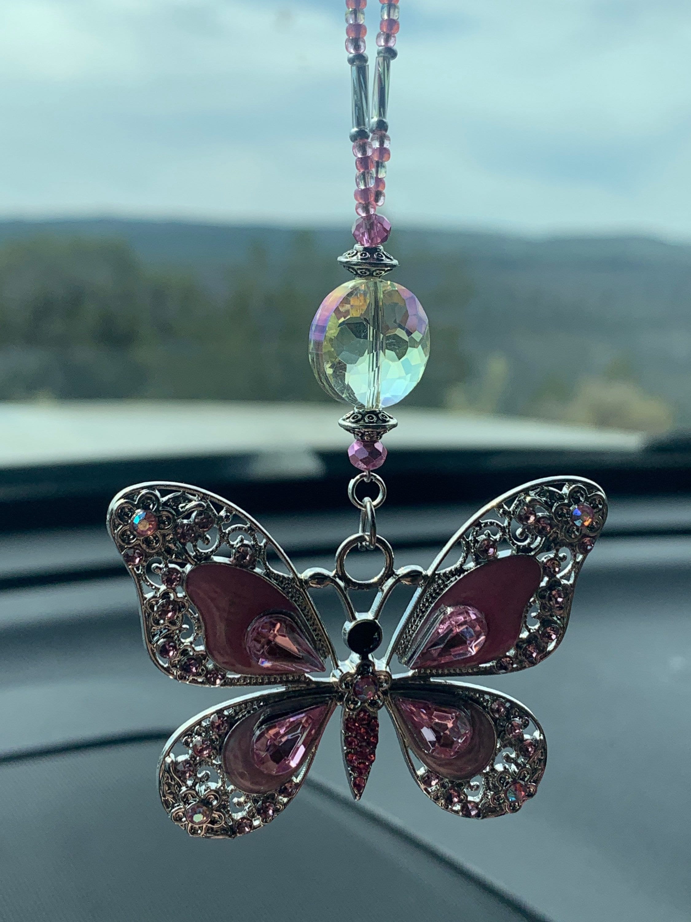 BUTTERFLY (Crystal-Pink-LG) Car Accessories Rear View Mirror Car Charm, Butterfly Car Charm, Butterfly Car Accessory, Butterfly Charm