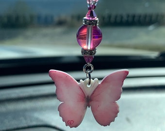 BUTTERFLY (Double Sided Pink) Car Charm, Car Accessories Rear View Mirror Decoration, Pretty Car Decor, New Car Gift, Car Accessory