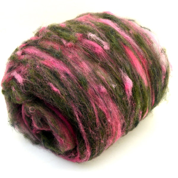 Fiber Art Batt, merino, superwash merino, wool, nylon, spinning batt, hand dyed, green, red, carded fiber, wool batt, "Cassie"  3.8 oz