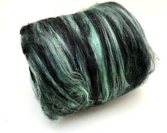 Merino Bamboo, spinning fiber batt, hand dyed, mint green, black, Drum carded smooth, art batt,  Colorway "Mint chocolate chip"  4oz