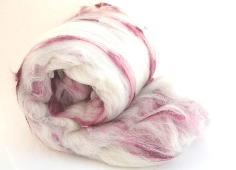 Angora spinning batt, Angora wool, felting batt, English angora fiber, hand dyed, red/purple, cream, Colorway
