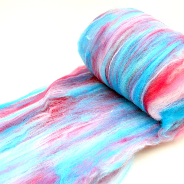 Superwash nylon, Superwash merino, nylon, sock fiber, spinning batt, hand dyed,  red, pink, blue, drum carded smooth, "Cotton candy" 4.1 oz
