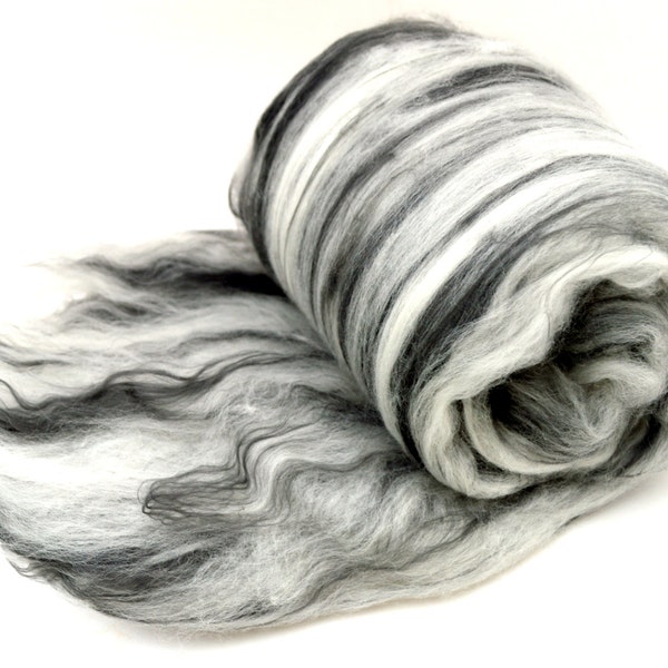 Merino Bamboo, spinning fiber batt, gray, white,  Drum carded smooth, art batt, spinning wool, fiber, Colorway "Carbon based organism"