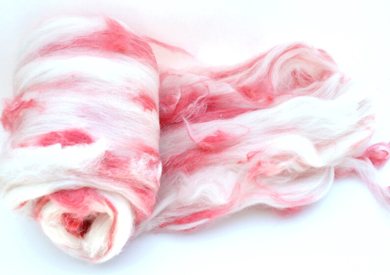 Angora spinning batt, Angora wool, felting batt, English angora fiber, hand dyed, red, cream, Angora blend, Colorway