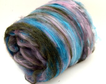 Fiber Art Batt, merino, superwash merino, wool, nylon, spinning batt, hand dyed, green, teal,  purple, blue, carded fiber, "Claudia"  3.8 oz