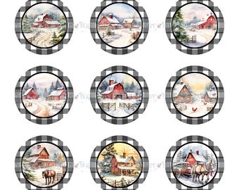 Black Plaid Winter Farm 1 inch Bottlecap