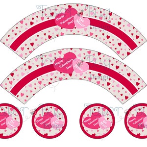 May include: Printable cupcake wrapper and topper set featuring a pink and red heart pattern with the text "Happy Valentine's Day!" and "Be Mine".