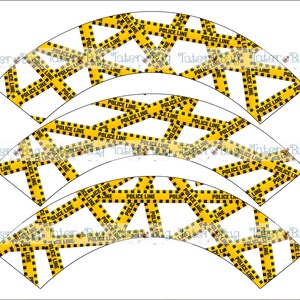 May include: Three yellow and black caution tape cupcake wrappers with the text "Police Line" repeated across the design.