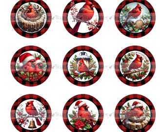 Red Black Plaid Cardinal 1 inch Bottlecap