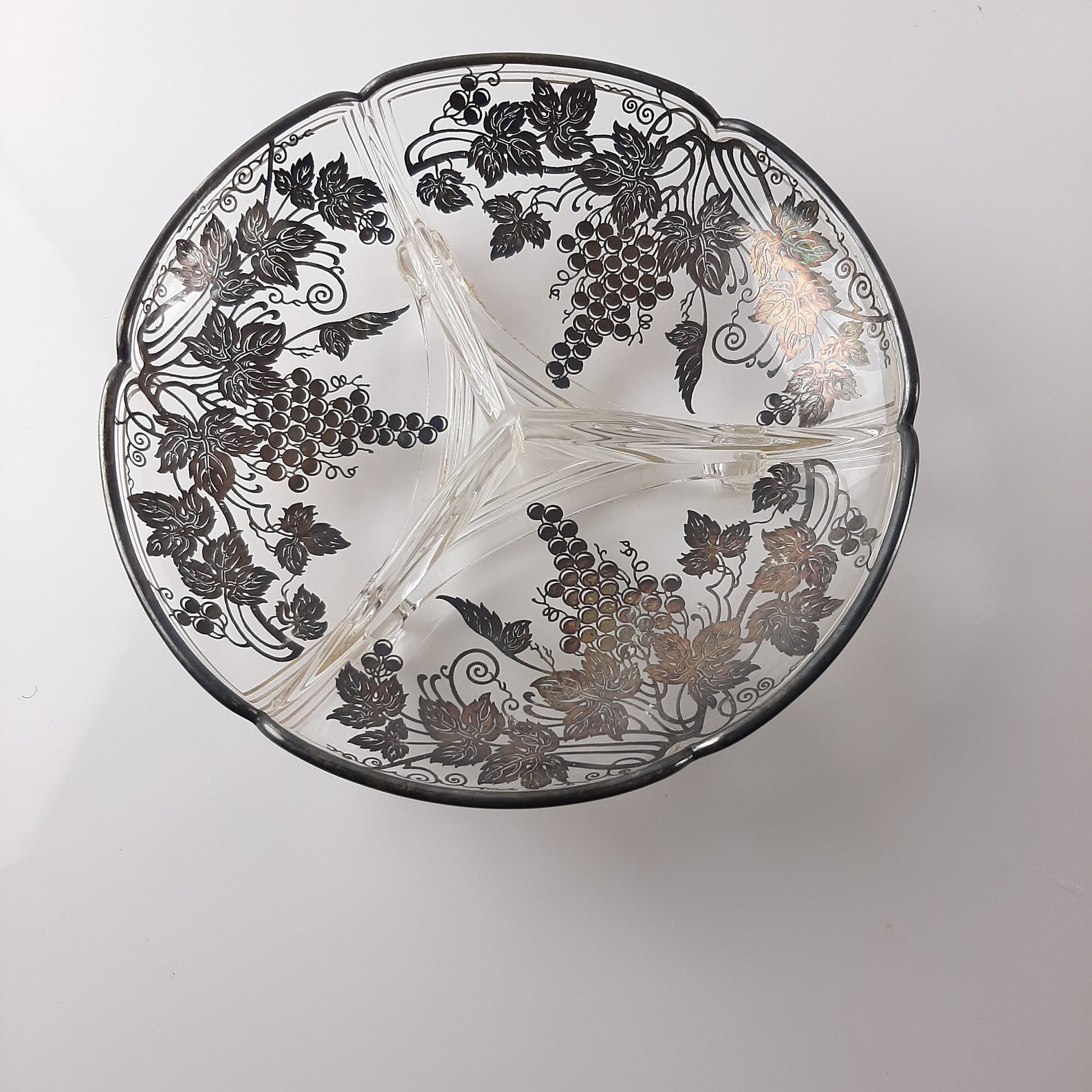 MCM Divided Glass Dish Grape Pattern Sterling Silver Overlay 3 Etsy