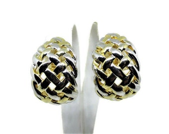 Silver tone basket weave half hoop clip on earrings