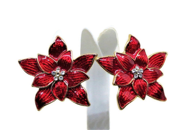Vintage Clip-on Gold Tone Festive Red Poinsettia Earrings Red Enamel Holiday Jewelry Clear Rhinestones Christmas Earrings
