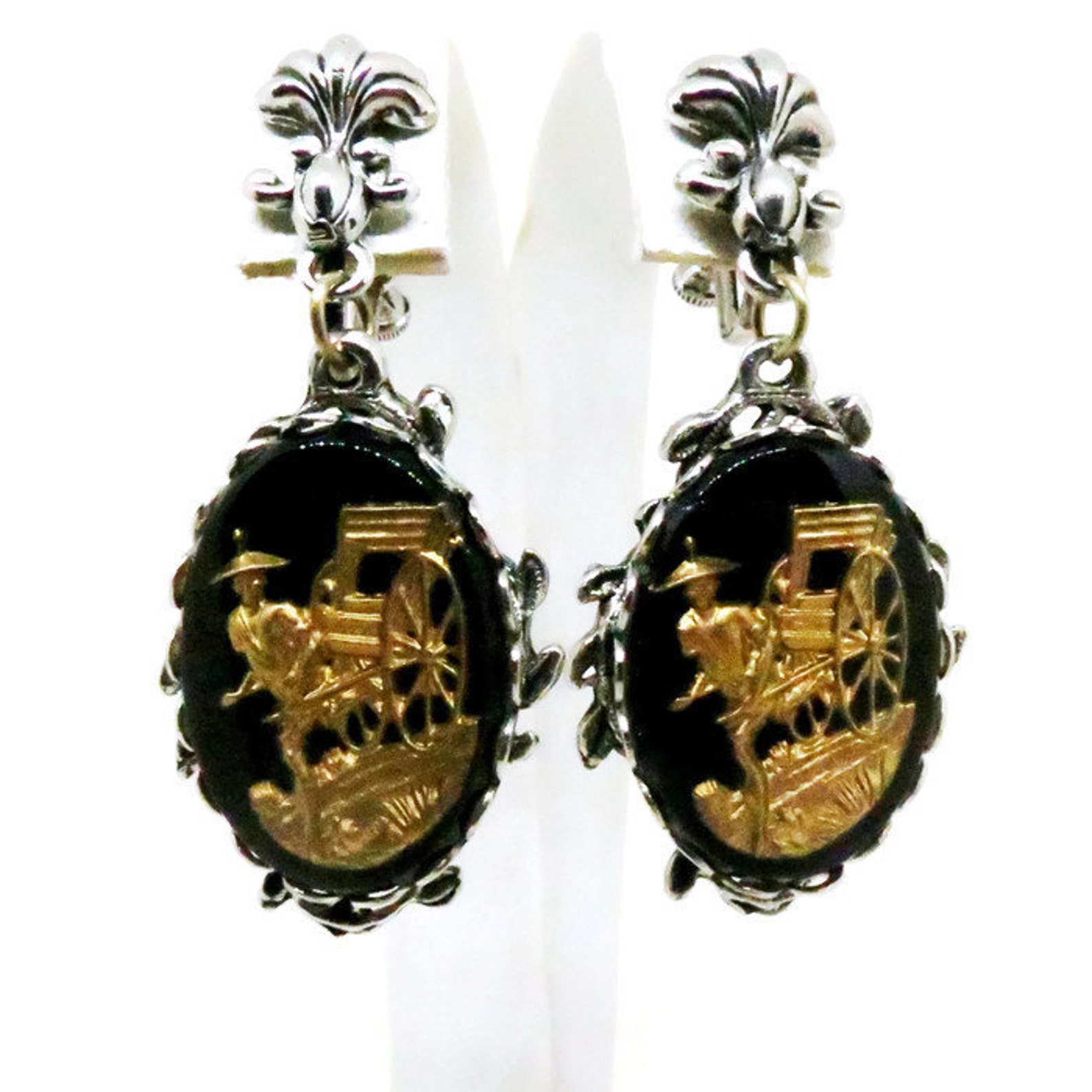 Asian Inspired Dangle Earrings Vintage Silver Tone Black Etsy