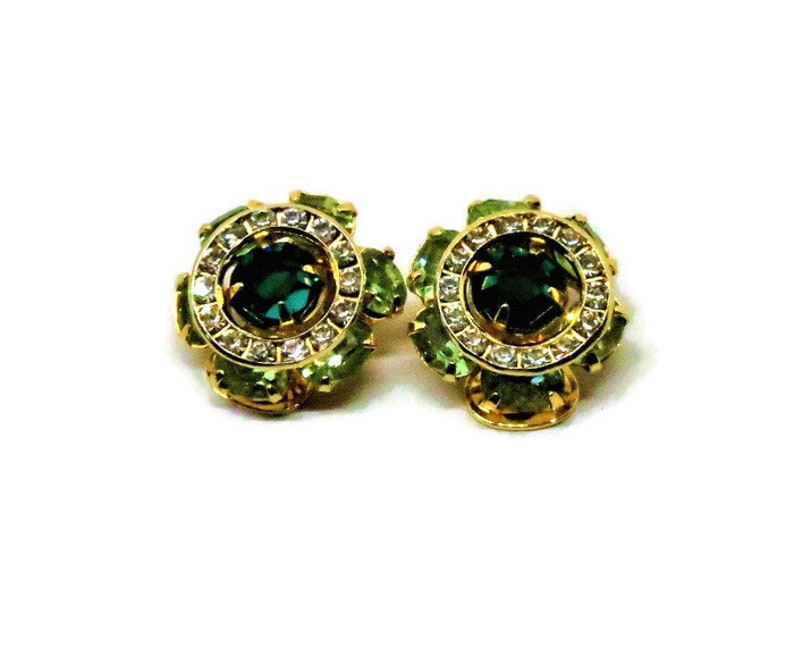 Green and Clear Rhinestones Vintage Green Earrings Clip on Gold Tone