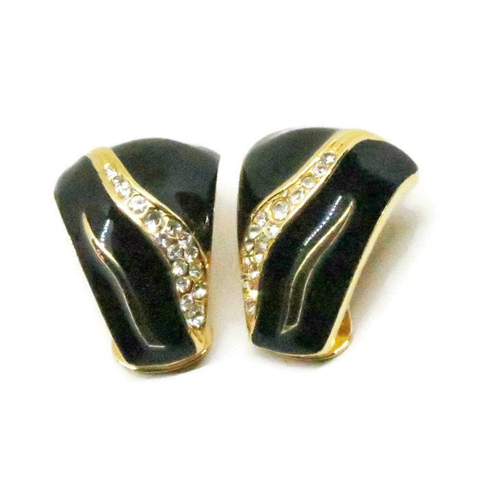 Black Enamel Jewelry Set Vintage Gold Tone Rhinestones Etsy