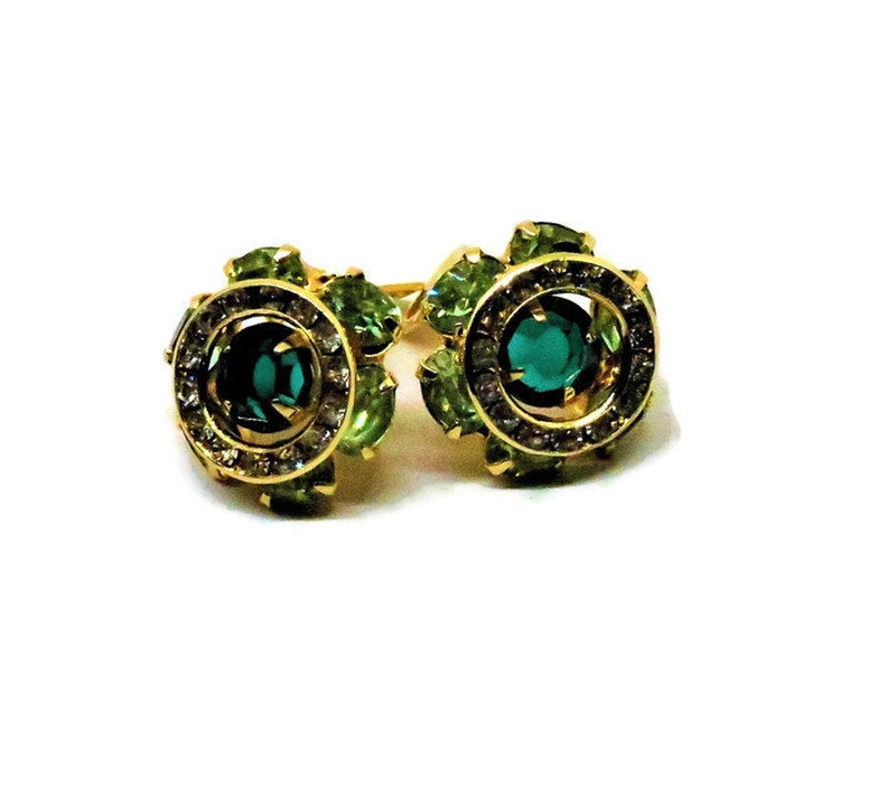 Green and Clear Rhinestones Vintage Green Earrings Clip on Gold Tone