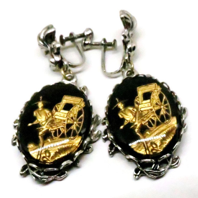 Asian Inspired Dangle Earrings Vintage Silver Tone Black Etsy