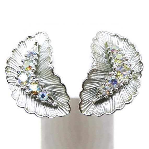 pierced earrings bridal set Bridesmaid gift silver tone metal STUNNING Vintage Aurora Borealis Rhinestone Necklace and Earring Set