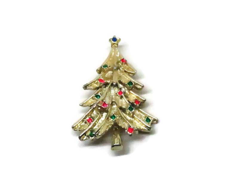 Christmas Tree Pin Vintage Holiday Brooch Gold Tone Red and Green Enamel Accents