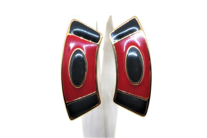 Red and Black Earrings - Vintage, Gold Tone, Red and Black Enamel Finish, Pierced, 1980's, Color Block