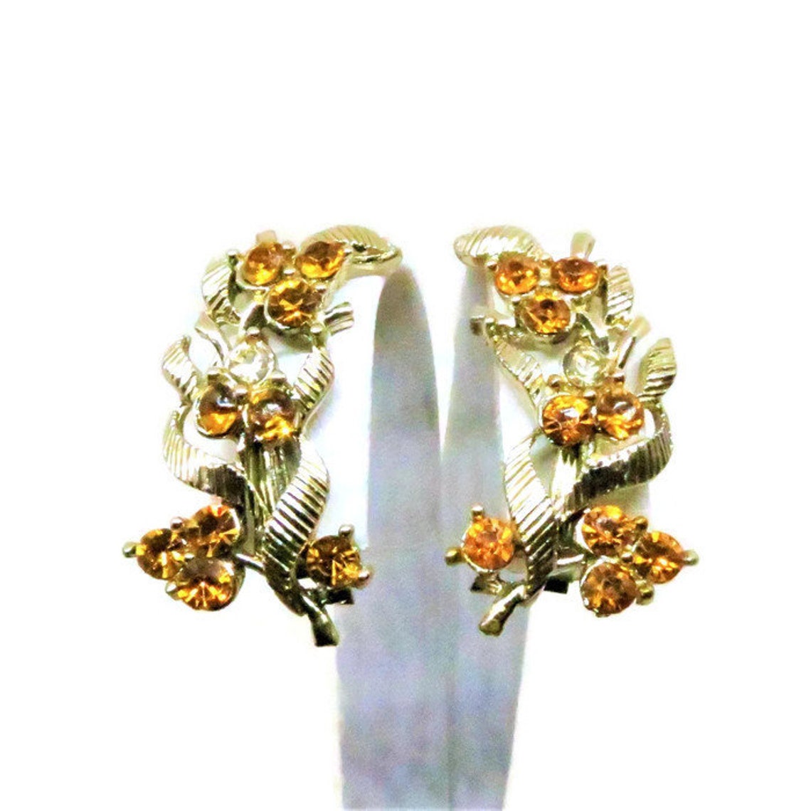 Orange Earrings Vintage Gold Tone Orange Rhinestones Etsy