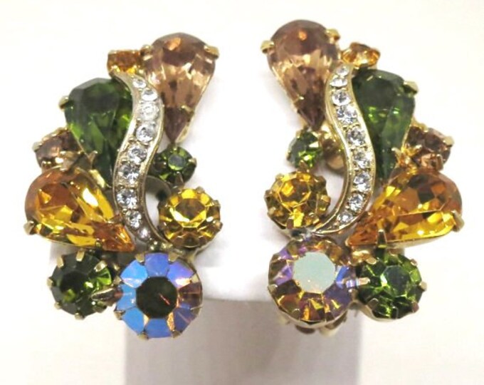 Green and Yellow Earrings Vintage Kramer Signedgold Tone Etsy