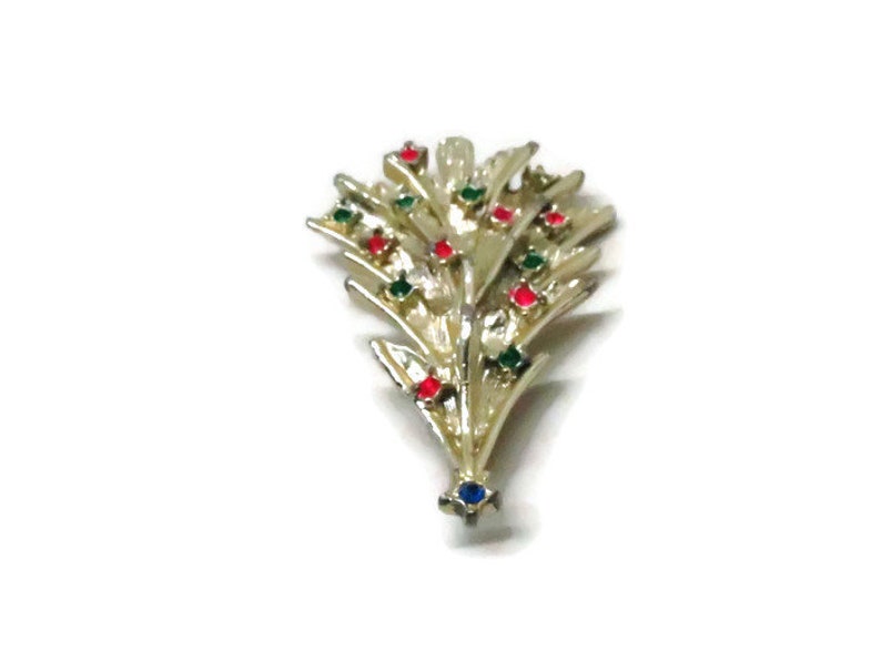 Christmas Tree Pin Vintage Holiday Brooch Gold Tone Red and Green Enamel Accents