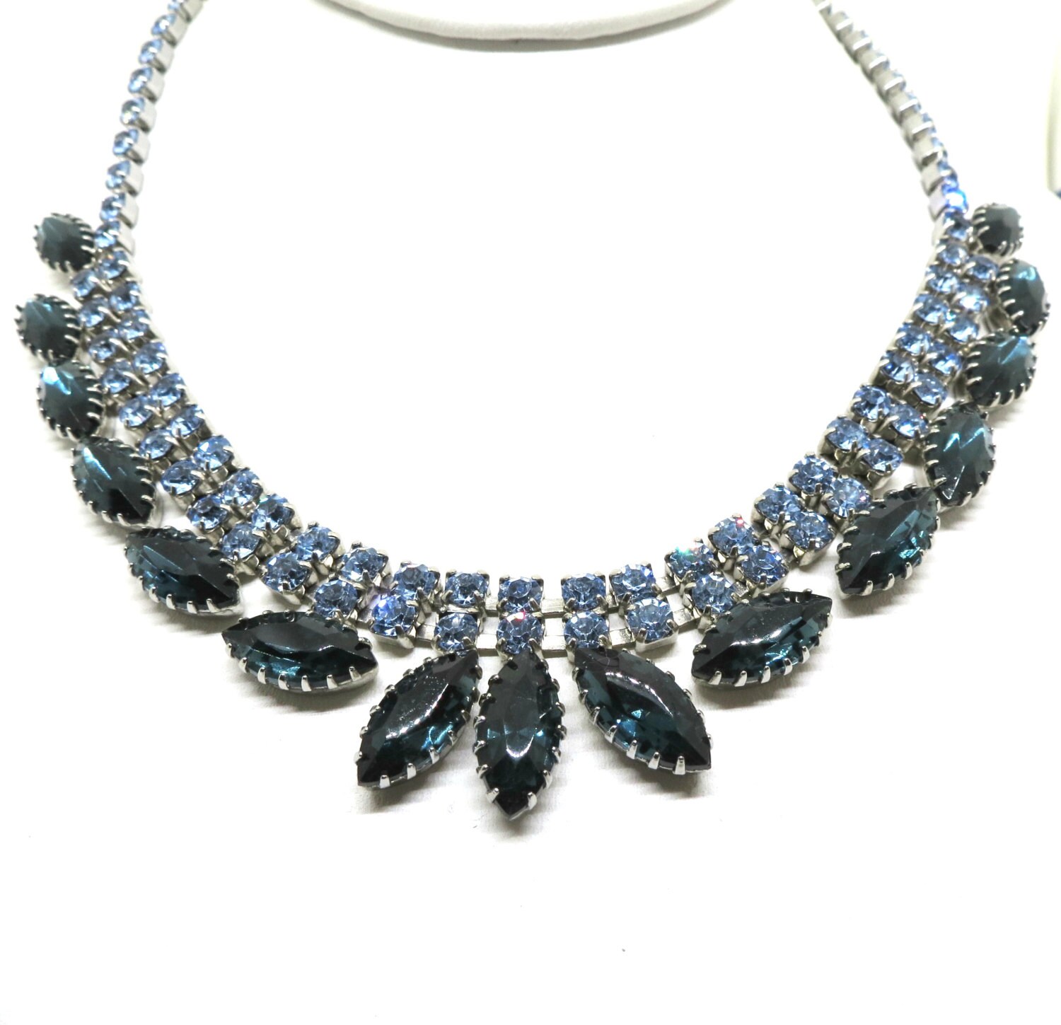 Blue Rhinestone Necklace Vintage Silver Tone Blue Navette Etsy