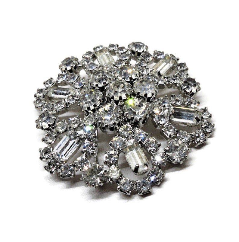 Silver Tone Vintage Rhinestone Brooch Pin Brilliant Clear Rhinestones Weiss Signed