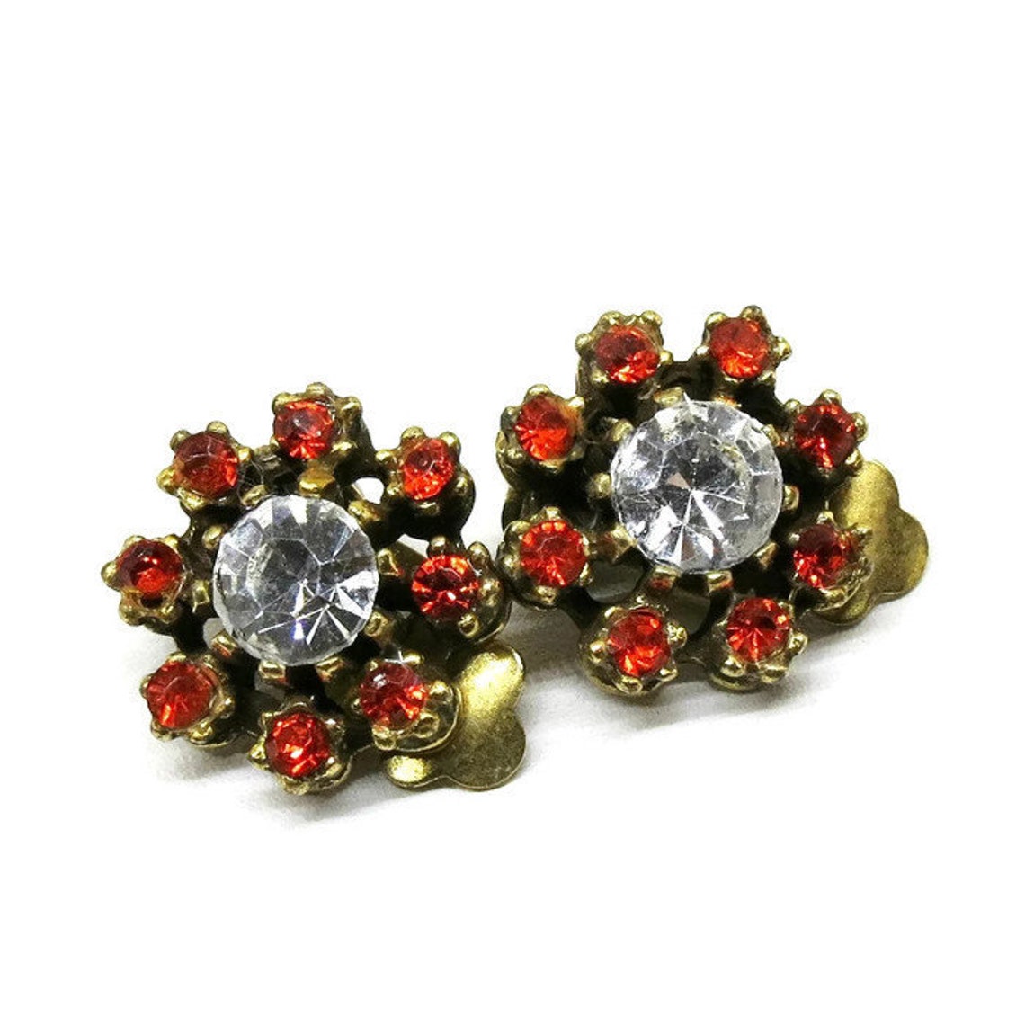 Orange Rhinestone Earrings Vintage Gold Tone Orange and Etsy
