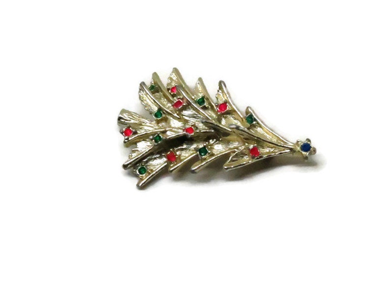Christmas Tree Pin Vintage Holiday Brooch Gold Tone Red and Green Enamel Accents