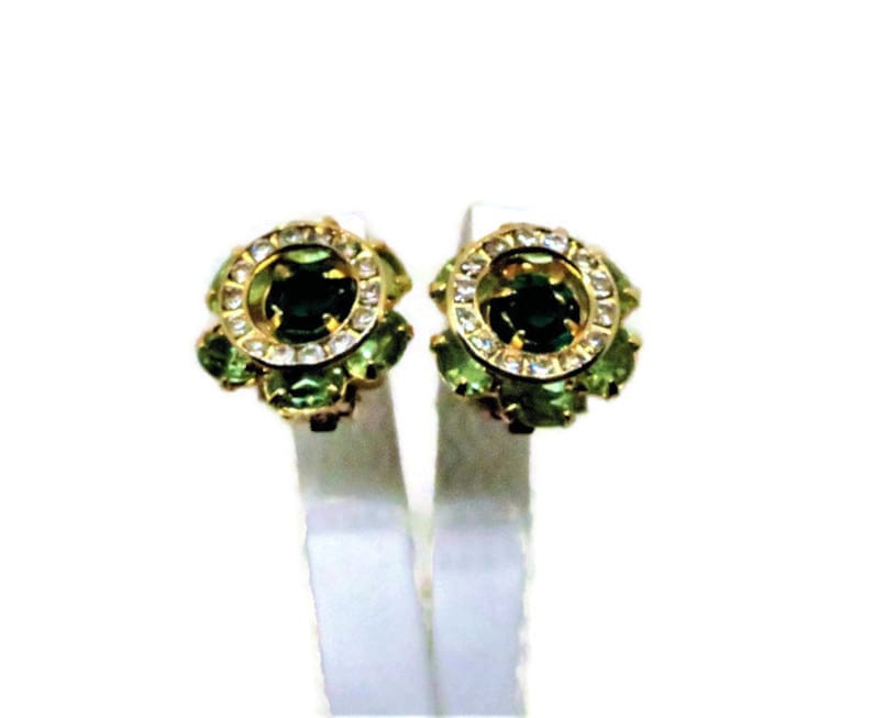 Green and Clear Rhinestones Vintage Green Earrings Clip on Gold Tone