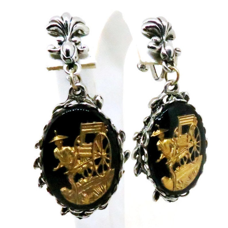 Asian Inspired Dangle Earrings Vintage Silver Tone Black Etsy