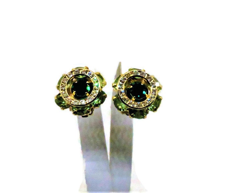 Green and Clear Rhinestones Vintage Green Earrings Clip on Gold Tone