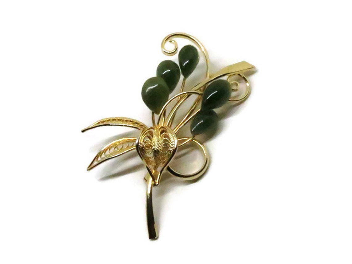 Jade Brooch Vintage Gold Filled Floral Pin Etsy