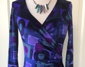Vintage Velvet Betsey Johnson Purple Dress Geometric Shapes Ruched Side Wiggle Stretch Pencil Holiday Party Unique Whimsical Design Medium
