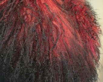 Mongolian Fur Stole Scarf Collar Wrap Vintage 90s Bougie Red & Black Elegant