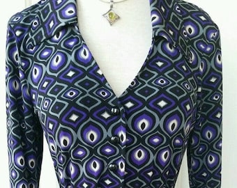 Vintage Purple MOD Autumn Knit Stretch Dress Geometric Retro Wiggle Pointed Collar Small Medium