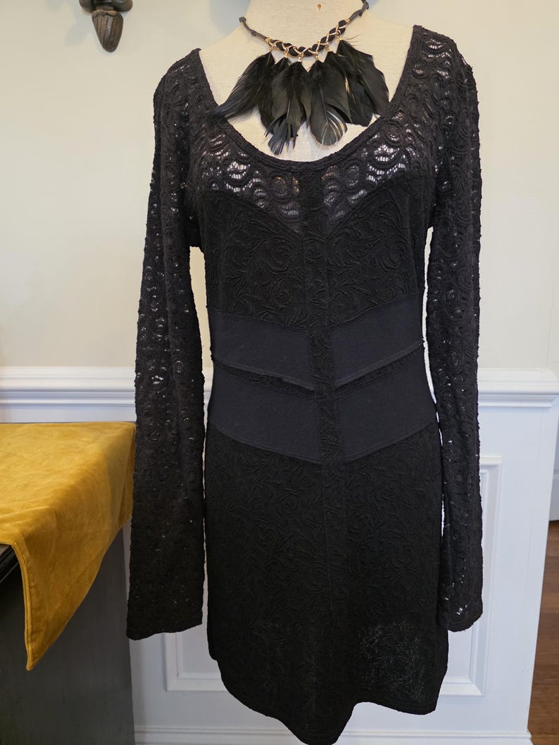 May include: A black lace dress with long sleeves and a scoop neckline. The dress features a fitted bodice with a textured pattern and a flared skirt. A black feather necklace is displayed on the mannequin. The dress is a dark, elegant garment.