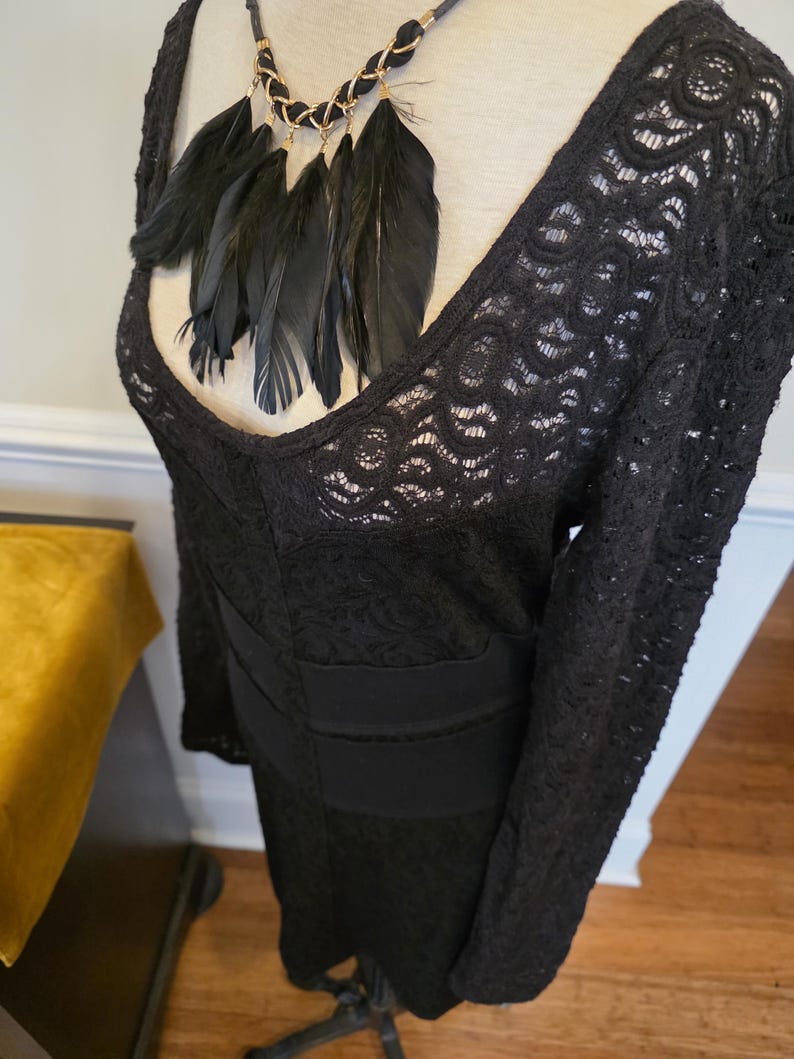 May include: A black lace dress with long sleeves and a V-neckline. The dress features a fitted bodice and a decorative black feather necklace. The dress is displayed on a mannequin.