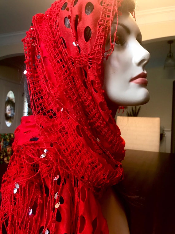Unique Multi Layered Red Scarf with Sequins and Ne
