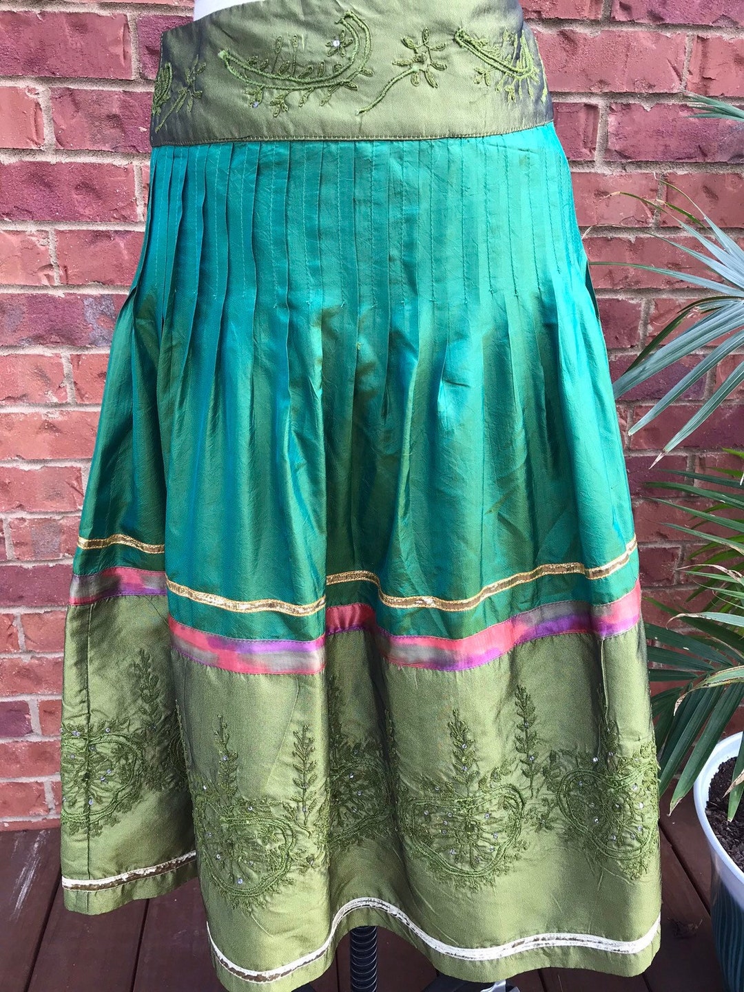 Unique Green Silk Skirt Ispa Colorful Bohemian Ombre Embellished Sequins Pleats Etsy
