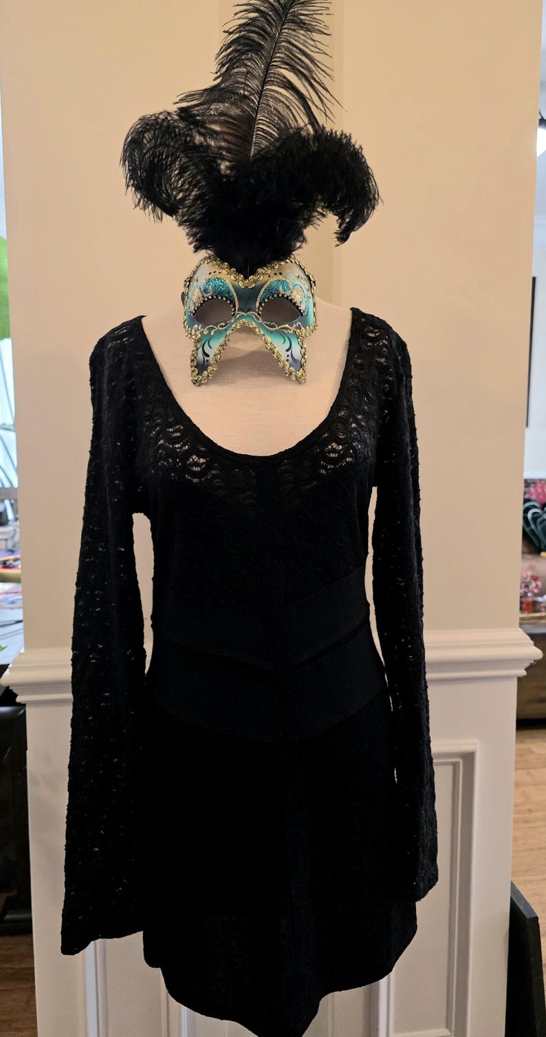 May include: A black dress with long sleeves and a scoop neckline, paired with a decorative mask and a feathered headpiece. The mask is teal, gold, and black. The dress has a fitted waist and a flared skirt.