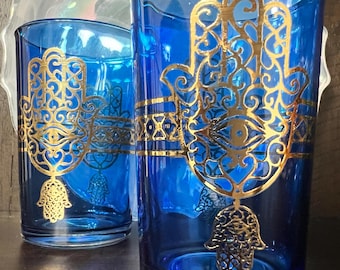 Moroccan Tea Glasses Set of 2: Gold Hand of Fatima Choose your color pair!