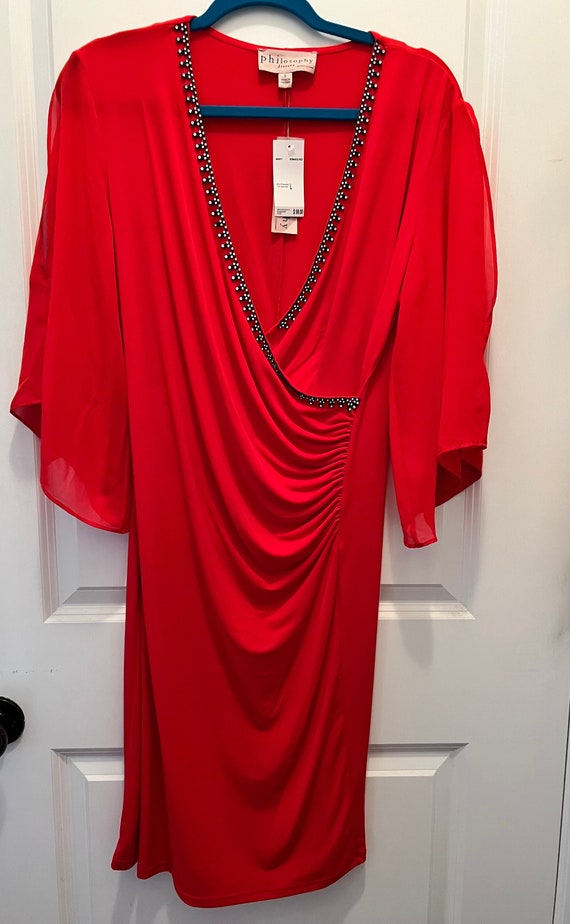 Romantic Red Faux Wrap Dress with Crystal Trim Lar